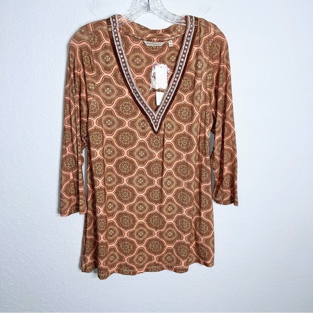 Soft Surroundings Top Women Medium 10 12 Lillia Medallion Tunic Beaded Peach B16
